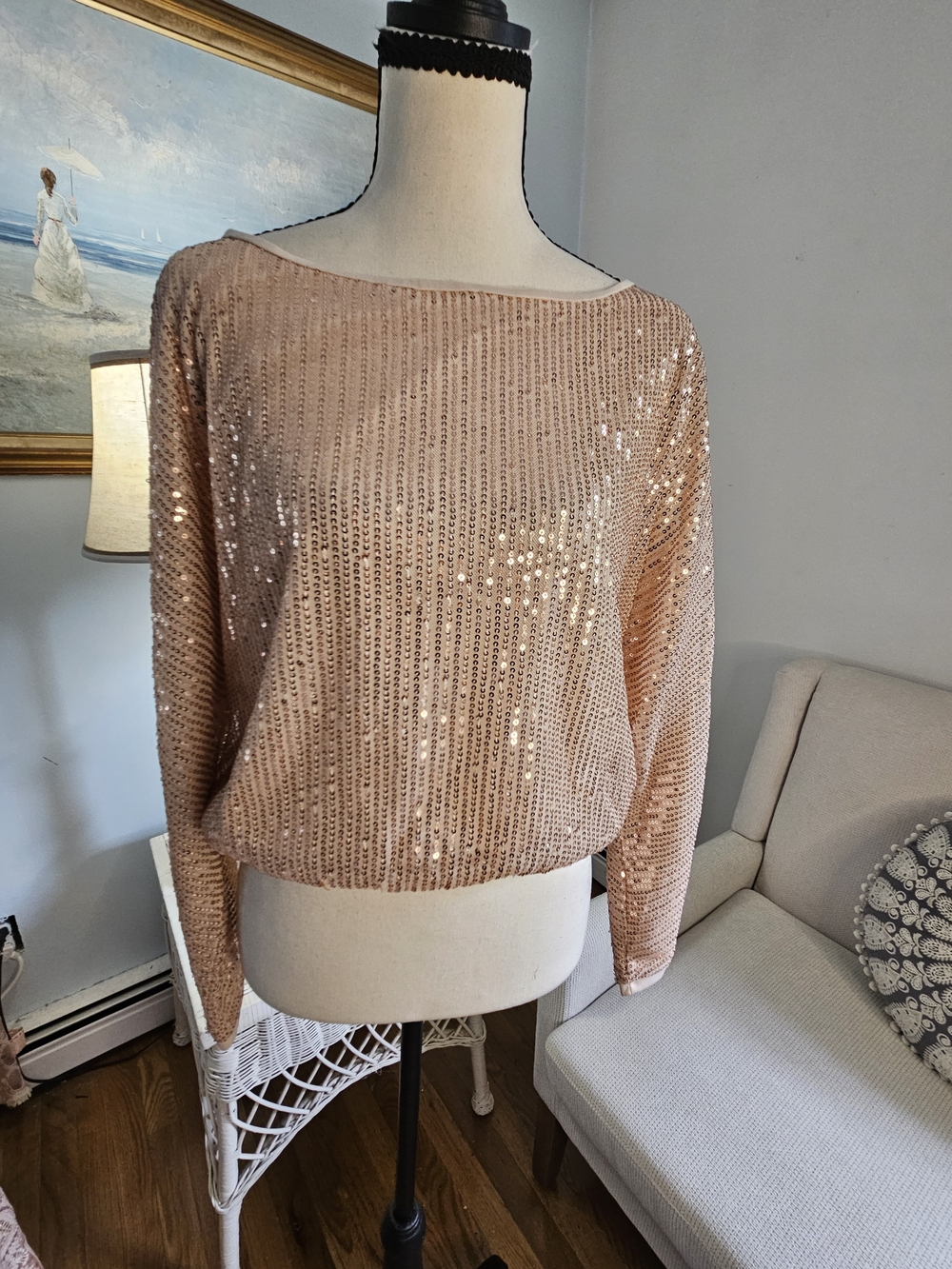 Sequined Boatneck Women's Holiday Blouse - Blush. P56